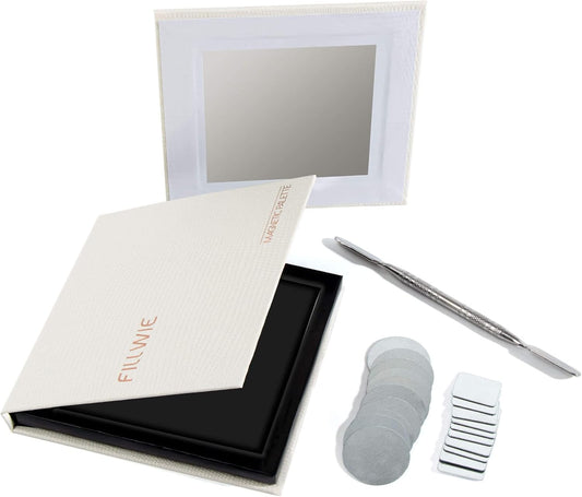 White Magnetic Refillable Makeup Palette with Mirror – Lightweight, Durable, Travel-Ready Case for Eyeshadow, Blush, Lipstick – Includes Spatula & 20 Stickers – Small, Waterproof Paperboard