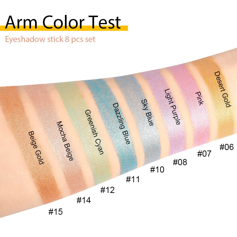 Kaely 8Pcs Cream Eyeshadow Stick Set, Desert Mocha Beige Gold Light Purple Pink Sky Dazzling Blue Geen, Shimmer Eyeliner Pencil Eye Shadow Sticks Palette Makeup for Older Women, sombras para ojos 02