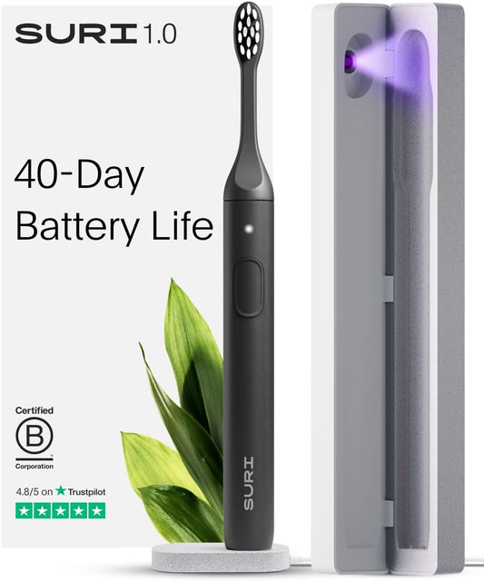 SURI 1.0 Sonic Electric Toothbrush with UV Cleaning Travel Case | 40+Day Battery | Designed in California | Electric Toothbrush for Adults | Travel Toothbrushes | Tooth Brush | Black