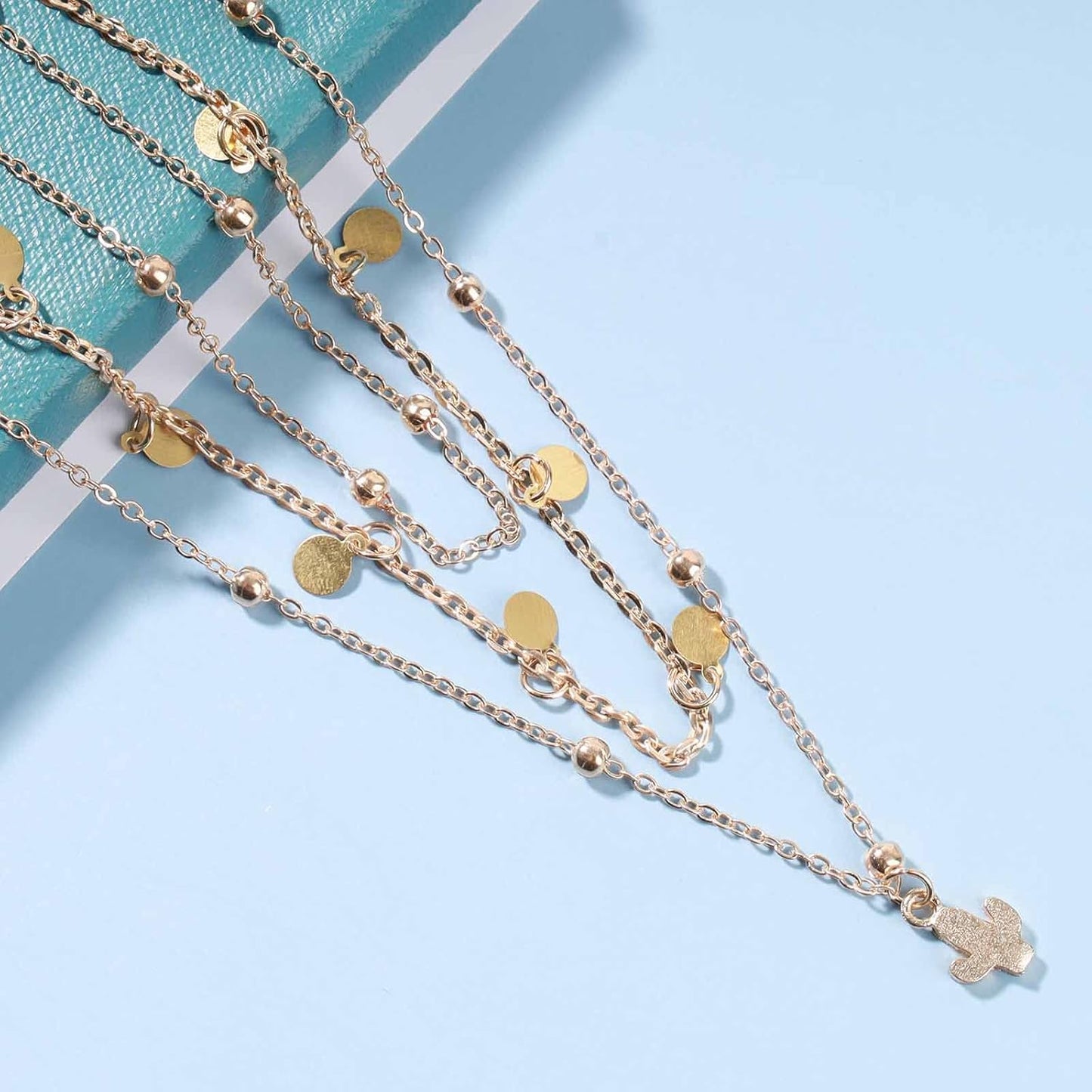 Boho Layered Disc Coin Necklace Choker Gold Cactus Pendant Necklace Stacking Satellite Chain Necklace Vintage Multilayer Necklace Chain Jewelry for Women and Girls Gifts