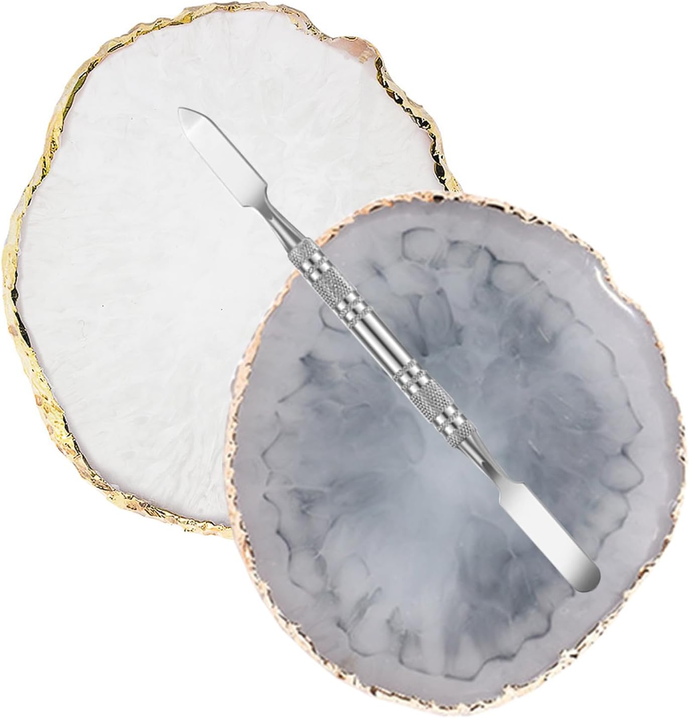 2 Pcs Resin Nail Palette Nail Polish Palette Nail Art Palette with Stainless Stirring Rod (Gray and White)