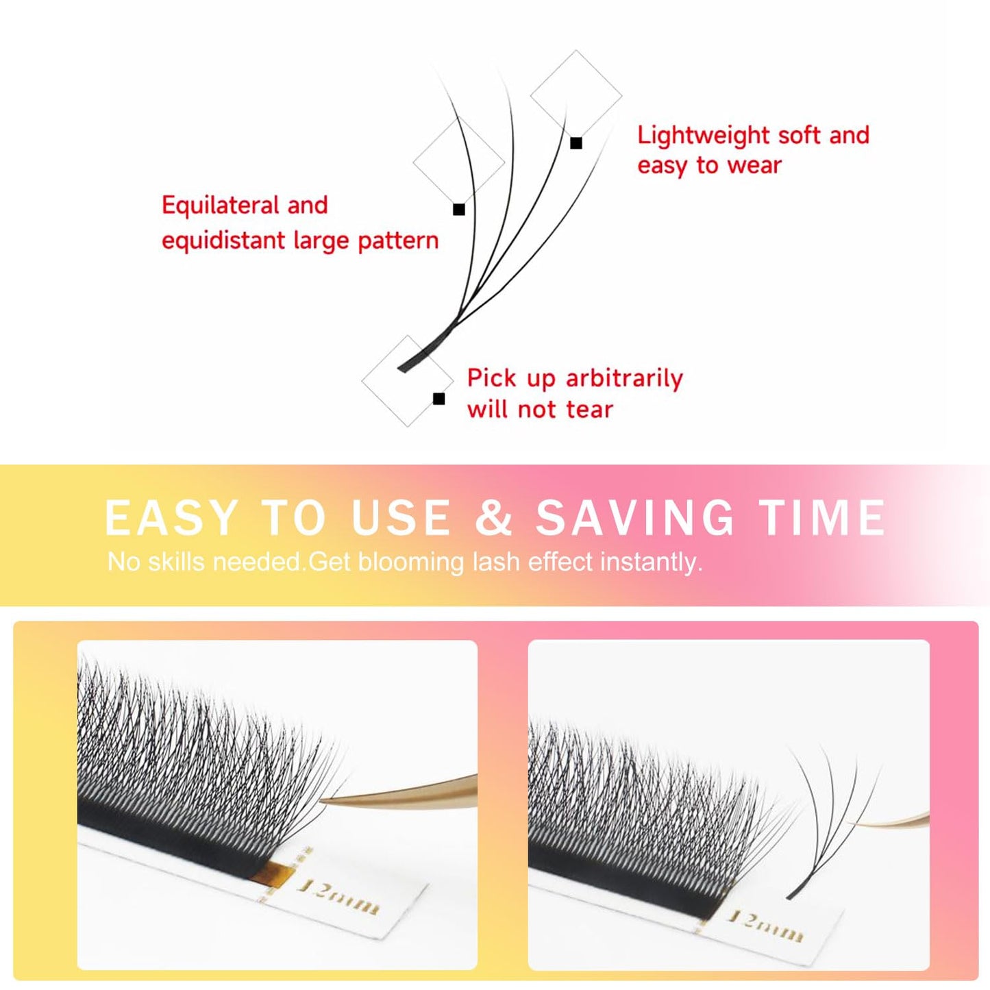 W Lash Extensions Supplies 4D Eyelash Extensions W Shape 0.07mm Thickness C Curl 15mm Premade Fans Easy Fan Lashes Volume Matte Black 12 Rows Crisscross Eye Lashes(W-4D-0.07-C,15mm)