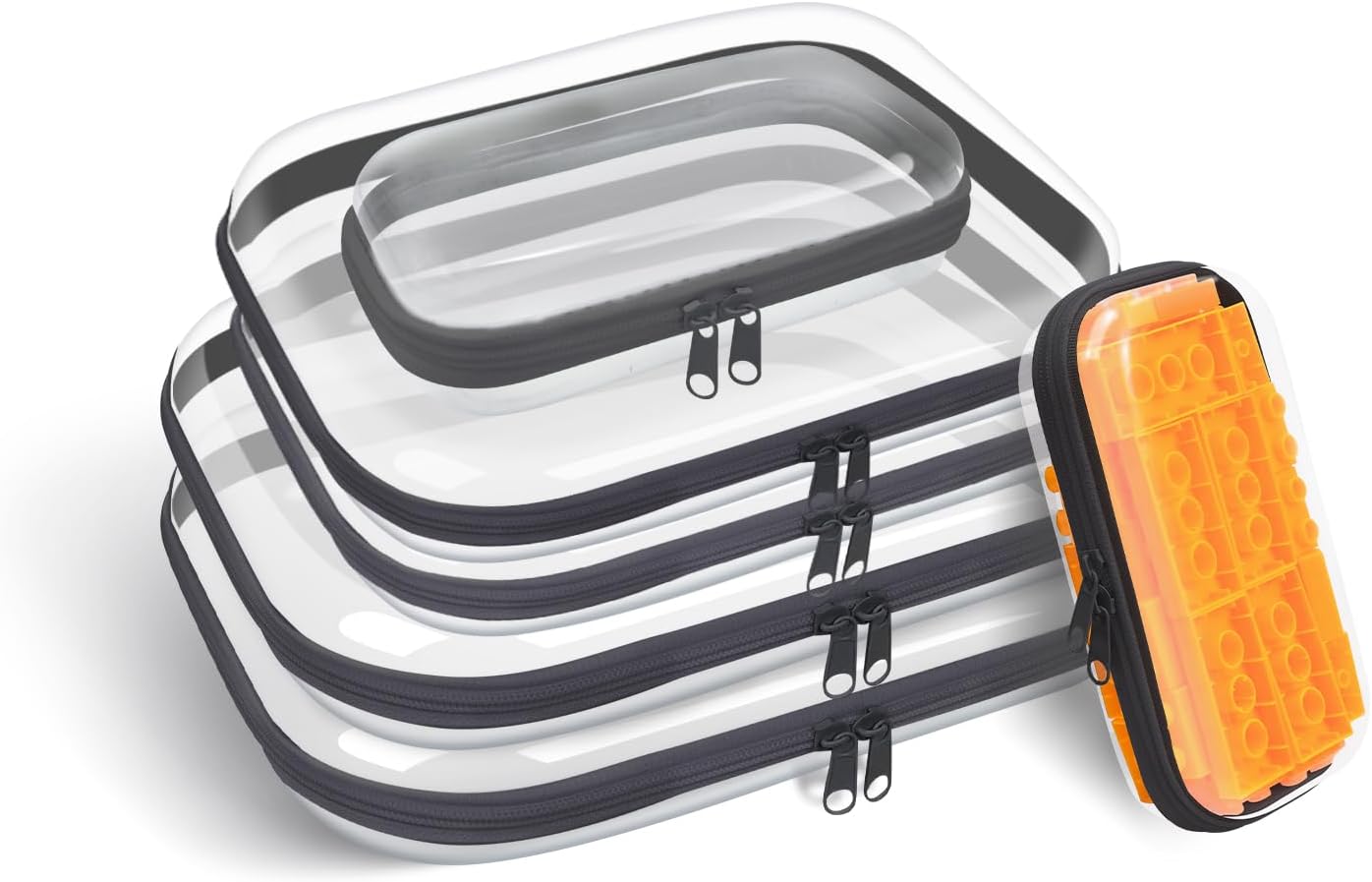 Clear Hard Plastic Zipper Case,Transparent Double Zippers Hard Pouch with 6pcs,Portable Travel Organizer Bin for Toy Storage