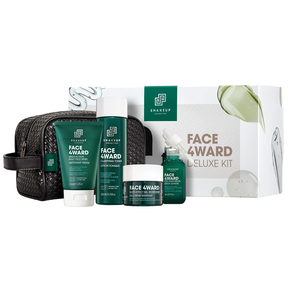 Shakeup - Mens Skincare Routine with Wash Bag, Gift Set, Daily Face Wash, Clarifying Toner, Anti Ageing Serum, Matte-Effect Moisturiser, Plus Wash Bag