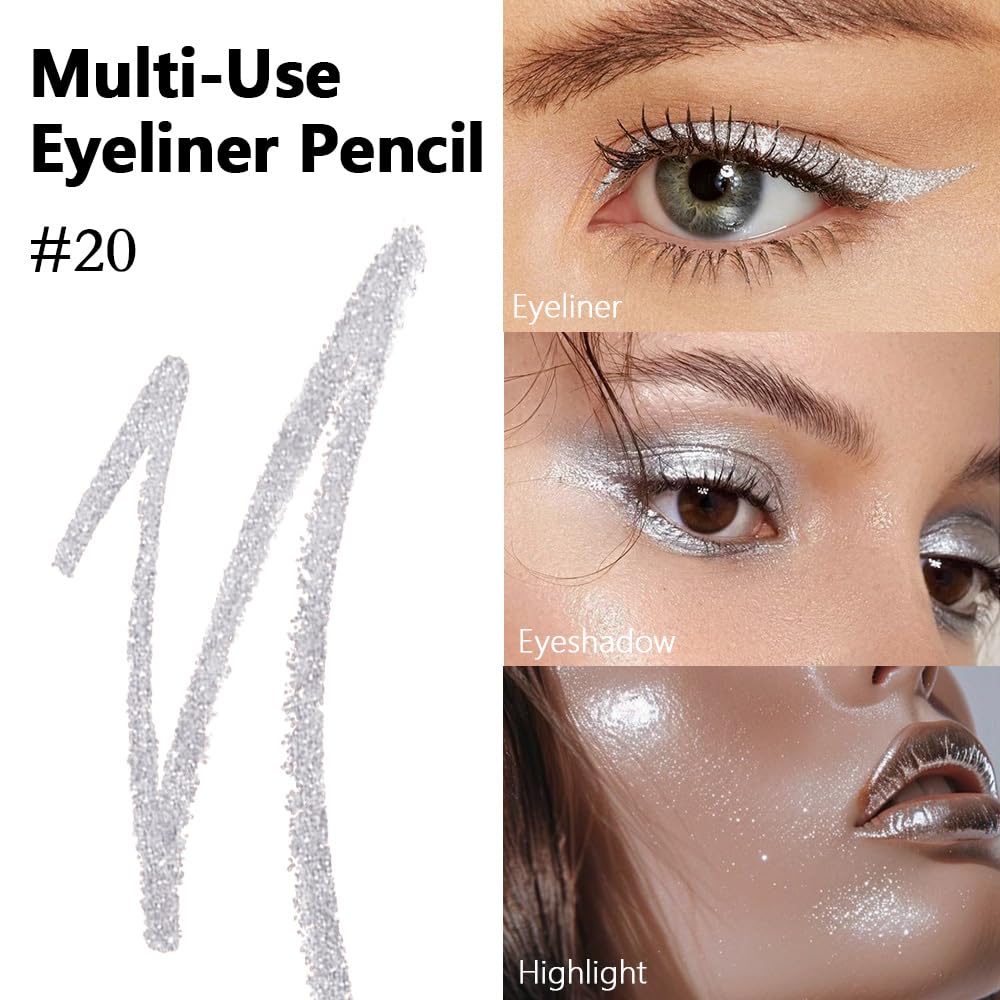 evpct Silver Gray Glitter Eyeliner Pencil for Eyes, Silver Grey Metallic Shimmer Eye Liner Pencil Makeup Waterproof Smudge Proof, Colored Gel Waterline Eyeliner, Face Eye Paint Stick Halloween Makeup