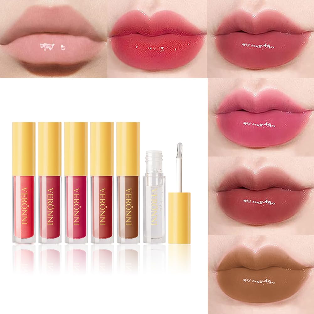 VERONNI 6 Colors Lip Tinted Stain Gloss Set,Hydrating Plumping Liquid Lipstick Set,Moisturizing Clear Lip Oil For Dry Lips,Nourishing Water Glossy Glass Lip Oil Gloss Lip Tint (6 Colors)