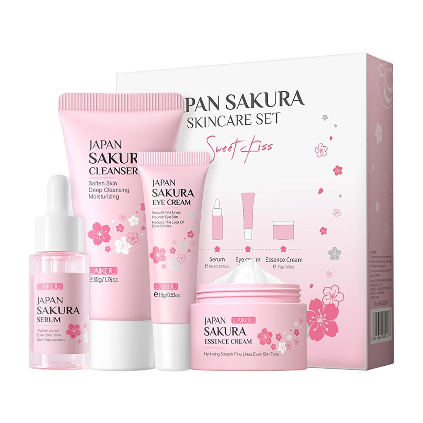 Skin Care Set JAPAN SAKURA Beauty Gift Sets Skin Care Kit with Cleanser, Serum, Eye Cream, Face Cream Travel Kit for Women Mom Wife Teen Girls Gentle Skin Cleaning TSA-friendly Sizes 4pcs
