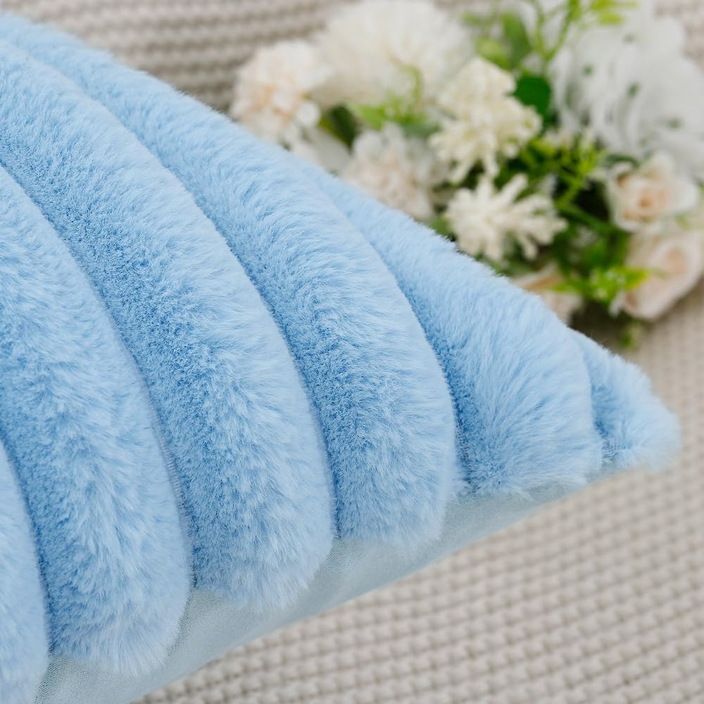 MADIZZ Set of 2 Faux Wool Plush Decorative Throw Pillow Covers 18x18 Inch Light Blue Fluffy Striped Soft Decorative Cushion Cover for Sofa Bedroom Pillow Shell
