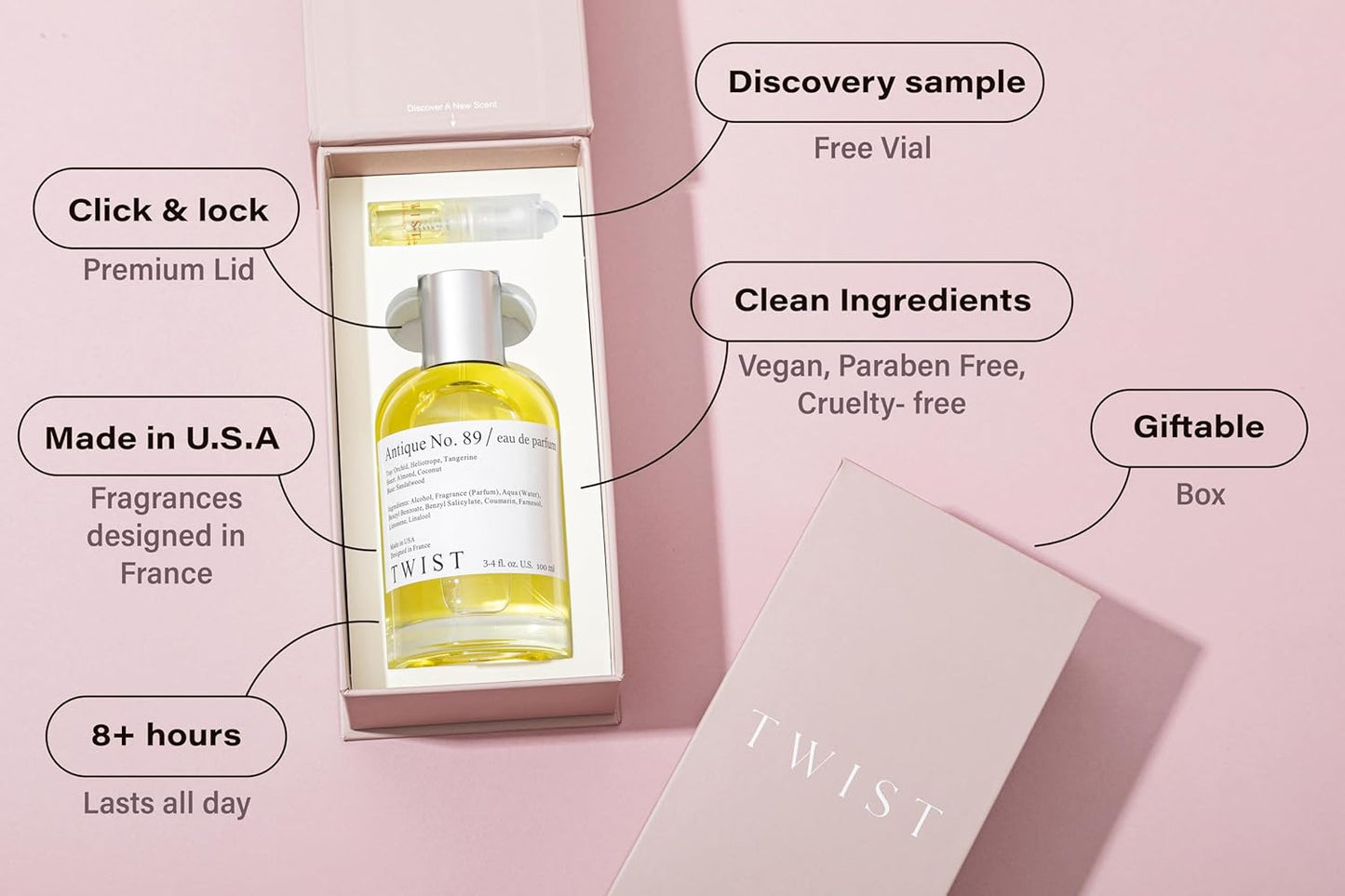 Twist Antique No. 89 - Eau De Parfum Inspired by Lattaf. Yara (Pink)/L. Mercier Amber Vanille, Long Lasting Perfume For Women, Paraben Free, Vegan, Clean Ingredients - Spray 100 ml | 3.4 fl. oz.