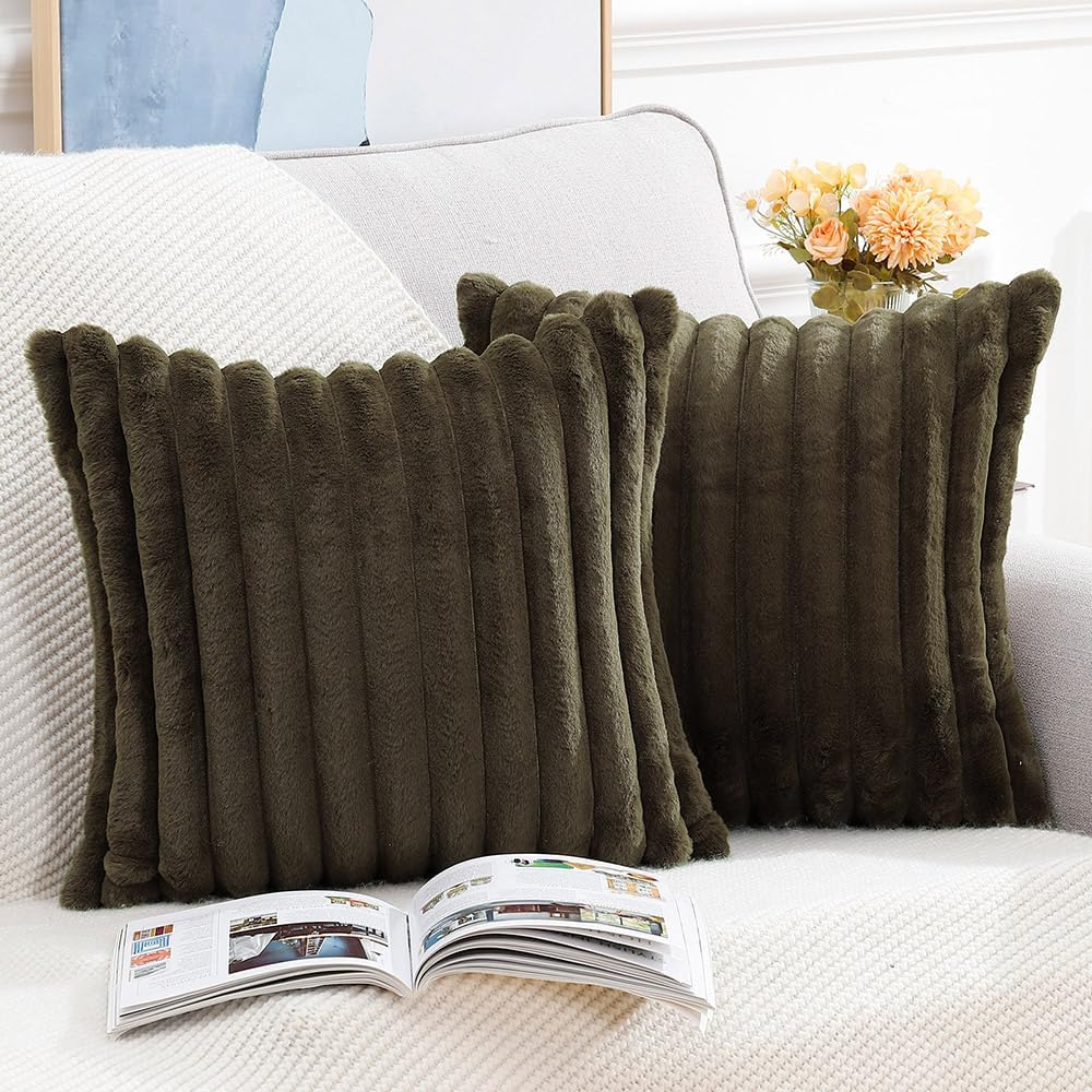MADIZZ Set of 2 Faux Wool Plush Decorative Throw Pillow Covers 18x18 Inch Drak Brown Fluffy Striped Soft Decorative Cushion Cover for Sofa Bedroom Pillow Shell