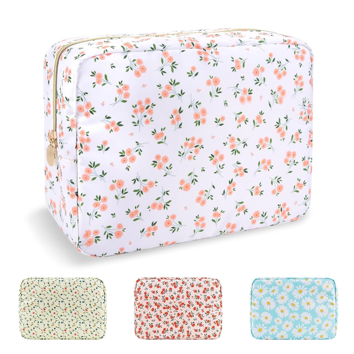 Waterproof Large Floral Makeup Pouch,Nylon Travel Toiletry Storage Purse Preppy Cosmetic Bag for Women Girl,Large Capacity Makeup Organizer Zipper Pouch for Work(L White-Flowers)