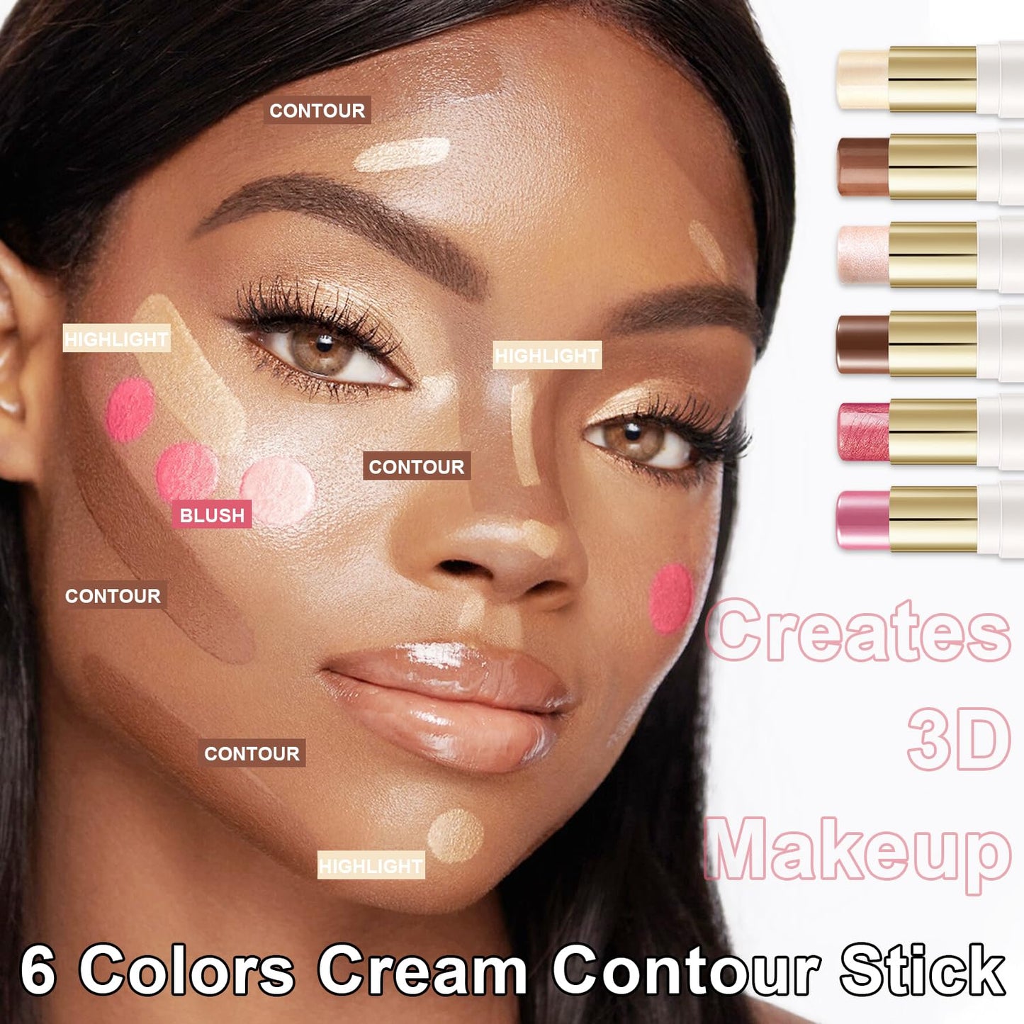 6 Colors Cream Contour Stick Makeup Contour Kit,Double-ended Cream Bronzer Stick for Sculpt, Highlighter Stick,Cream Blush Stick,Lightweight Contour Makeup Kit, Matte & Dewy Finish (SET B)