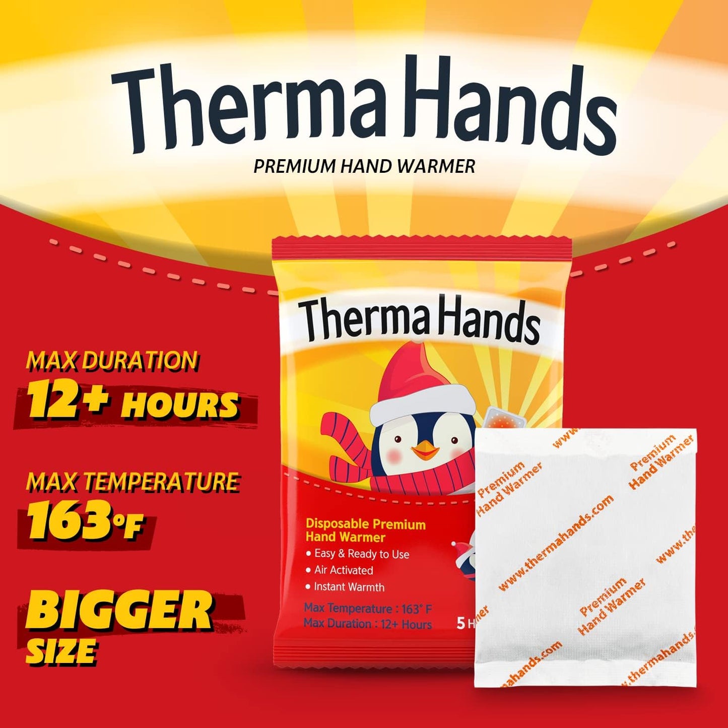 Hand Warmers - Premium (Size: 3.5 inch x 4 inch, Duration: 12+ Hours, Max Temp: 163 F) Air-Activated, Convenient, Safe, Natural, Odorless, & Long Lasting Hand Warmers