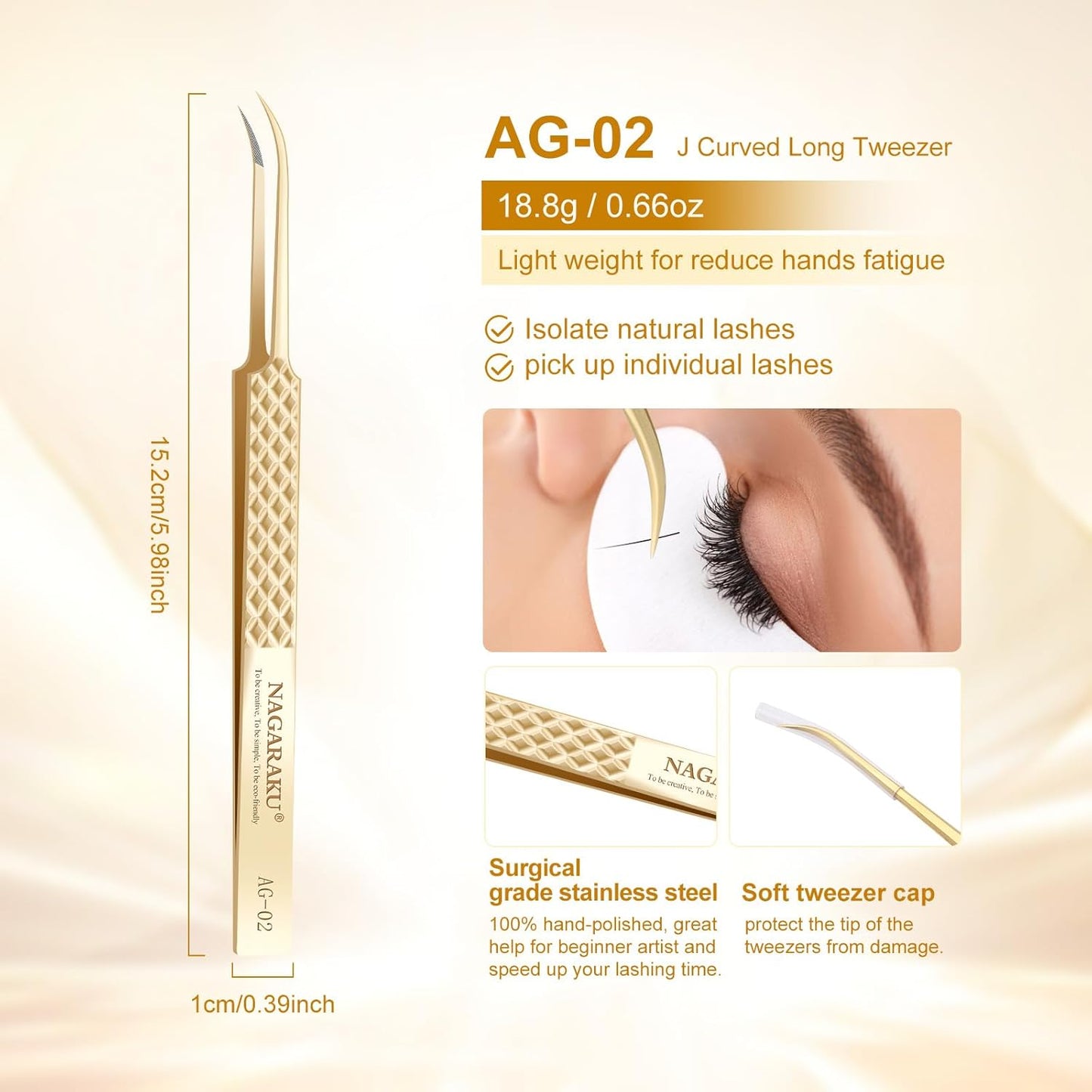 NAGARAKU Precision Fiber Tip Tweezer for Eyelash Extensions Diamond Grip 5cm Slim Tweezers Tip Anti-Static Anti-Slip Premium Stainless Steel Pointed Separate Eyelashes Curved Tweezers with Box (AG-02)
