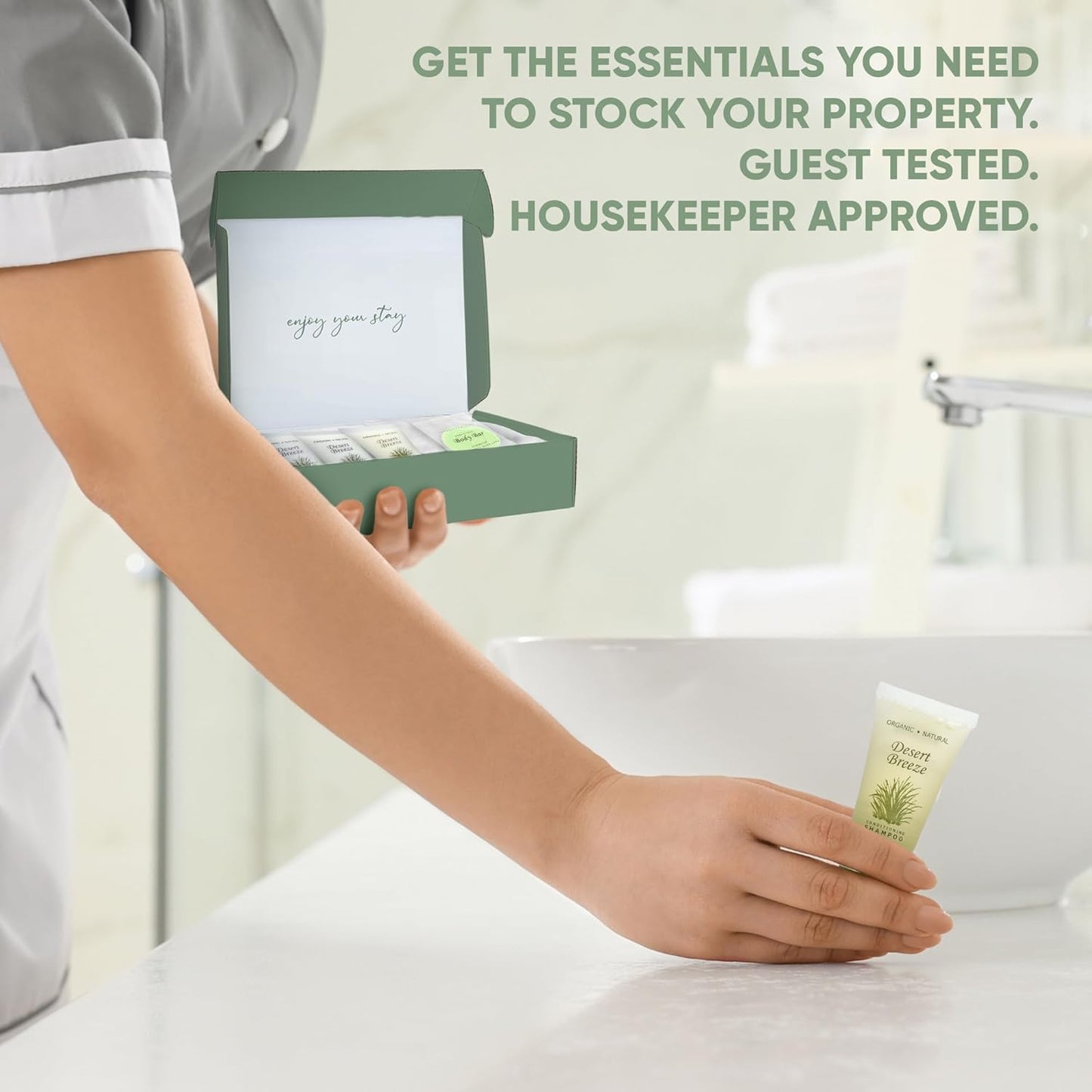 Amenity & Accessory Kit | 1 oz Travel Size Shampoo, Conditioner, Lotion, Body Wash, Body Bar, Cleansing Bar, Shave & Dental Sets, Make-Up Remover Wipes, & Vanity Kit | 1 set per case