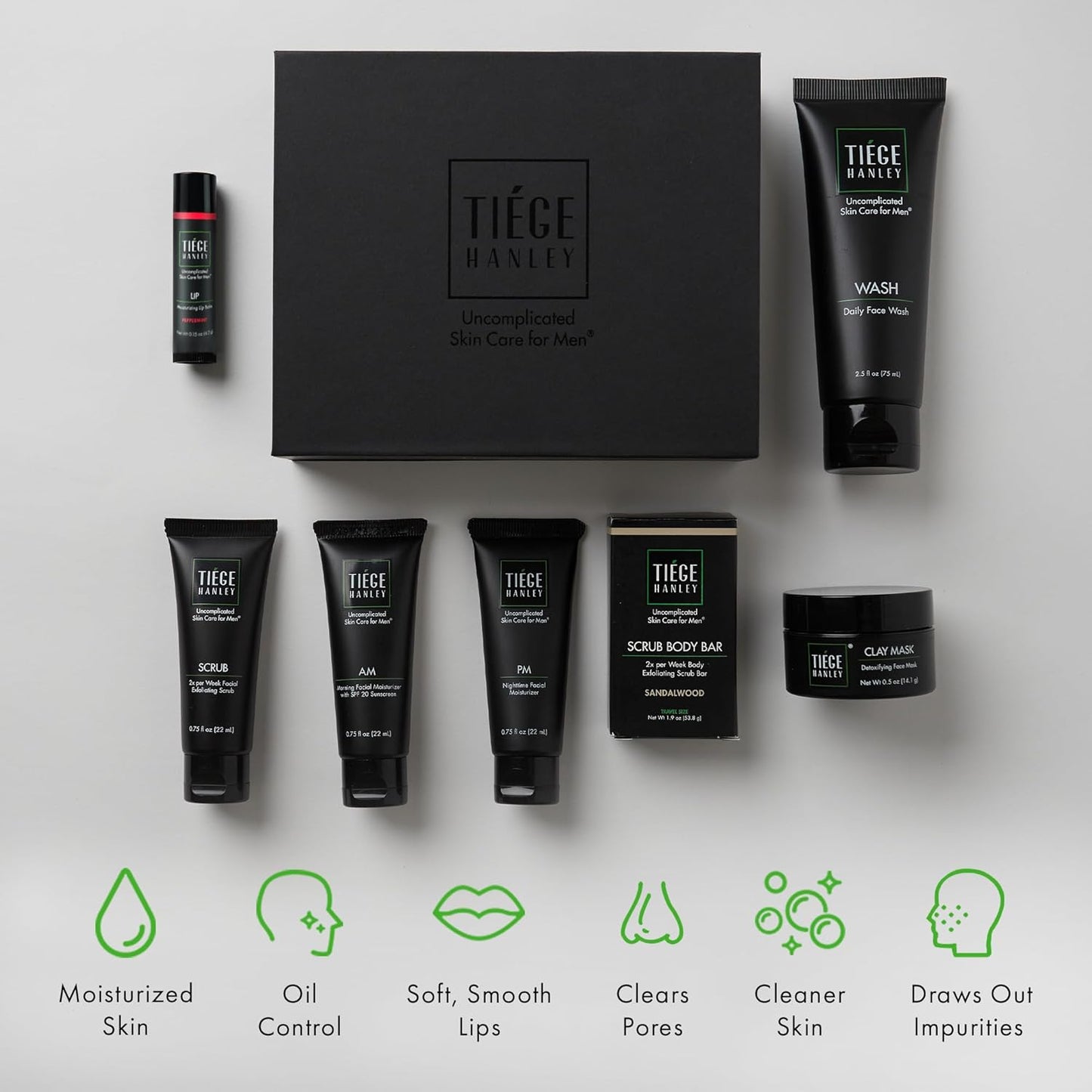 Tiege Hanley Mens Skin Care Gift Box Set, Silver - Men's Skincare Set Includes Face Wash, AM & PM Facial Moisturizer, Face Clay Mask & Scrub, Body Scrub Bar, & Moisturizing Lip Balm