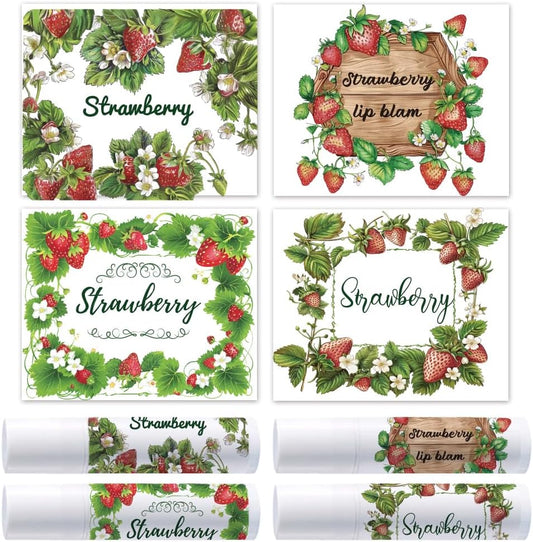 OLYCRAFT 100Pcs Self-Adhesive Lip Balm Tag Stickers 2.1x1.7 inch Waterproof Adhesive Label with Strawberry Rectangle Lipstick Tag Sticker for Lip Balm Container Tubes Lipstick Wrapping Decoration