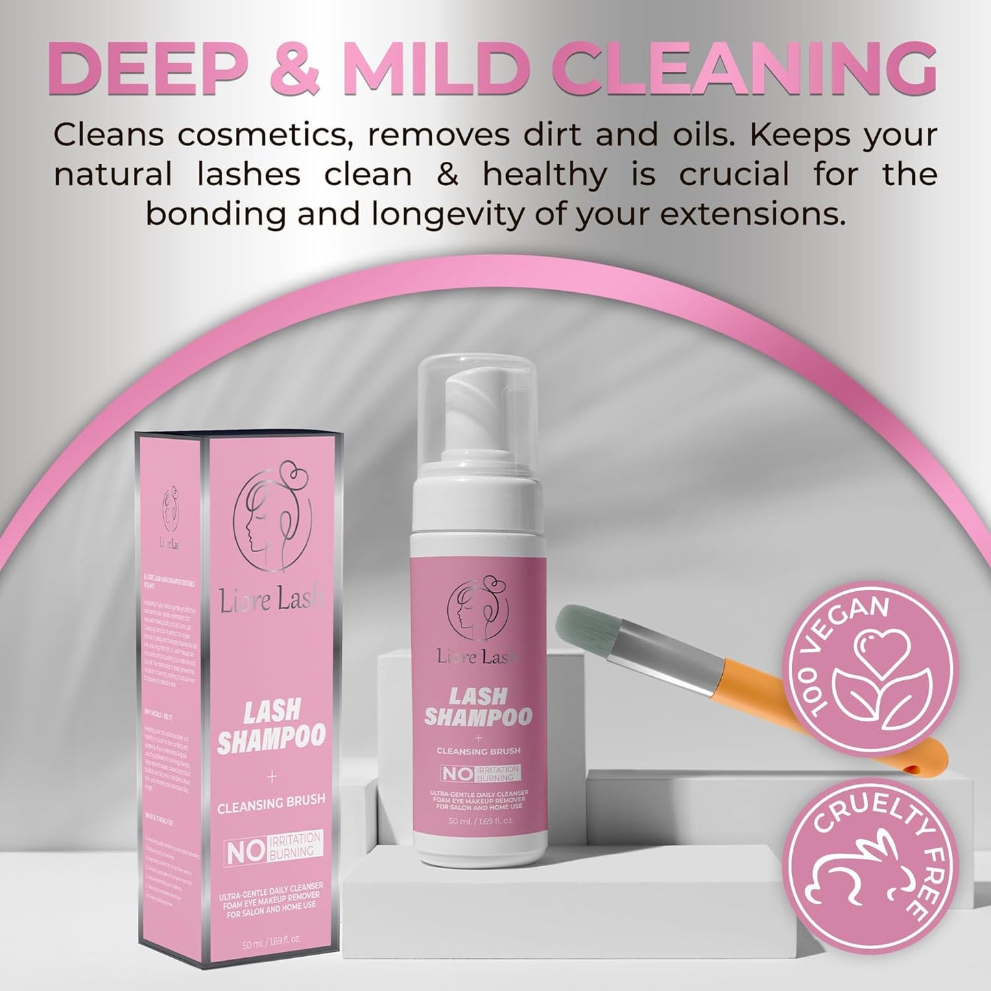 Eyelash Extension Shampoo/ Gentle Foam Cleanser for Lash Extensions & Natural Lashes (Shampoo + Lash Brush)