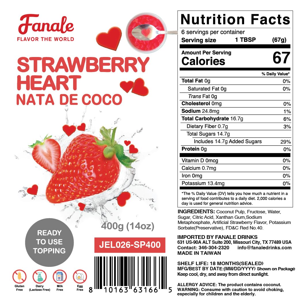 Fanale Coconut Jelly Topping nata de coco for Bubble Tea | Strawberry Heart Jelly Topping for Boba Tea, Smoothies, Slushes, Desserts 400g(Pack of 1)