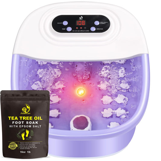 Foot Spa Bath Massager with Heat Bubbles and Vibration Massage and Jets, 16 OZ Tea Tree Oil Foot Soak Epsom Salt, Foot Soaker with Red Light, 22 Massage Rollers, Adjustable Temp -Purple