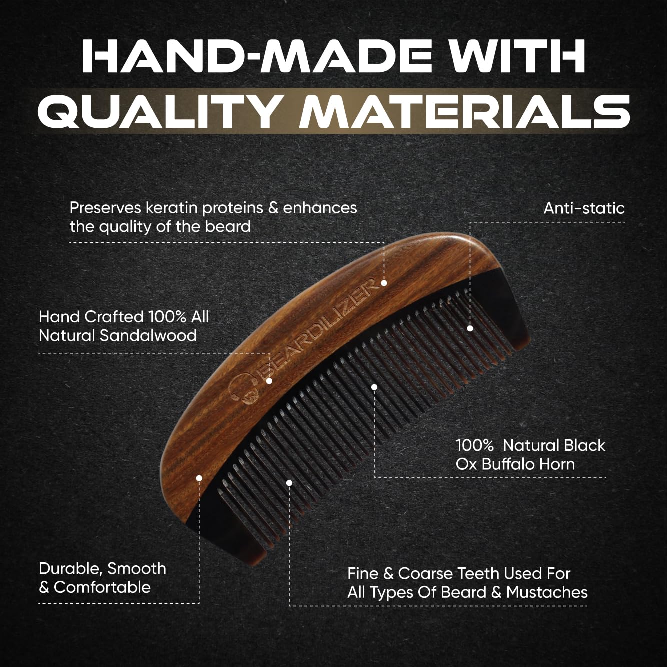 Beardilizer Premium Beard Comb for Men - 100% Natural Black Ox Buffalo Horn & Sandalwood Handle with Carrying Pouch, Professional Anti-Static Fine and Coarse Teeth