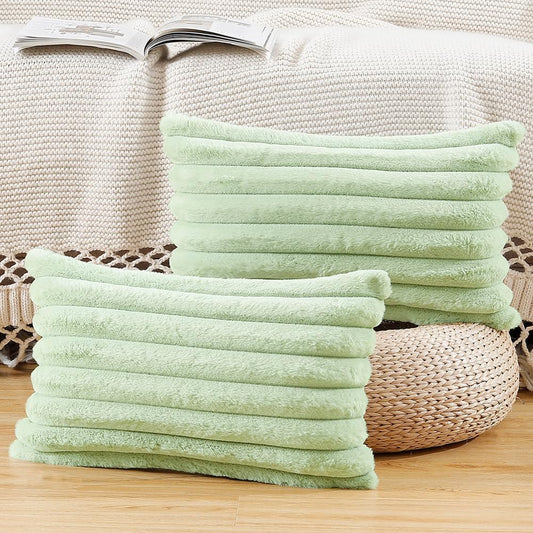 MADIZZ Set of 2 Faux Wool Plush Decorative Throw Pillow Covers 12x20 Inch Light Green Fluffy Striped Soft Decorative Cushion Cover for Sofa Bedroom Pillow Shell