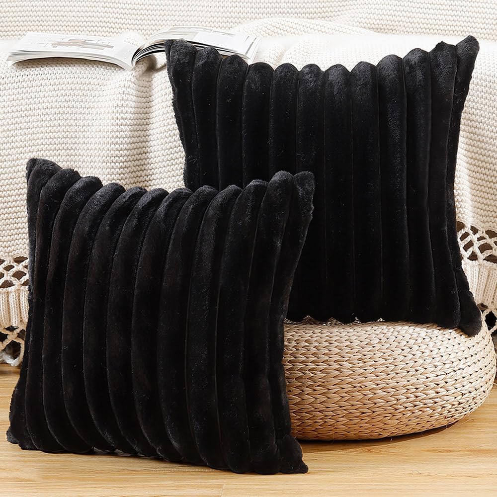 MADIZZ Set of 2 Faux Wool Plush Decorative Throw Pillow Covers 24x24 Inch Black Fluffy Striped Soft Decorative Cushion Cover for Sofa Bedroom Pillow Shell