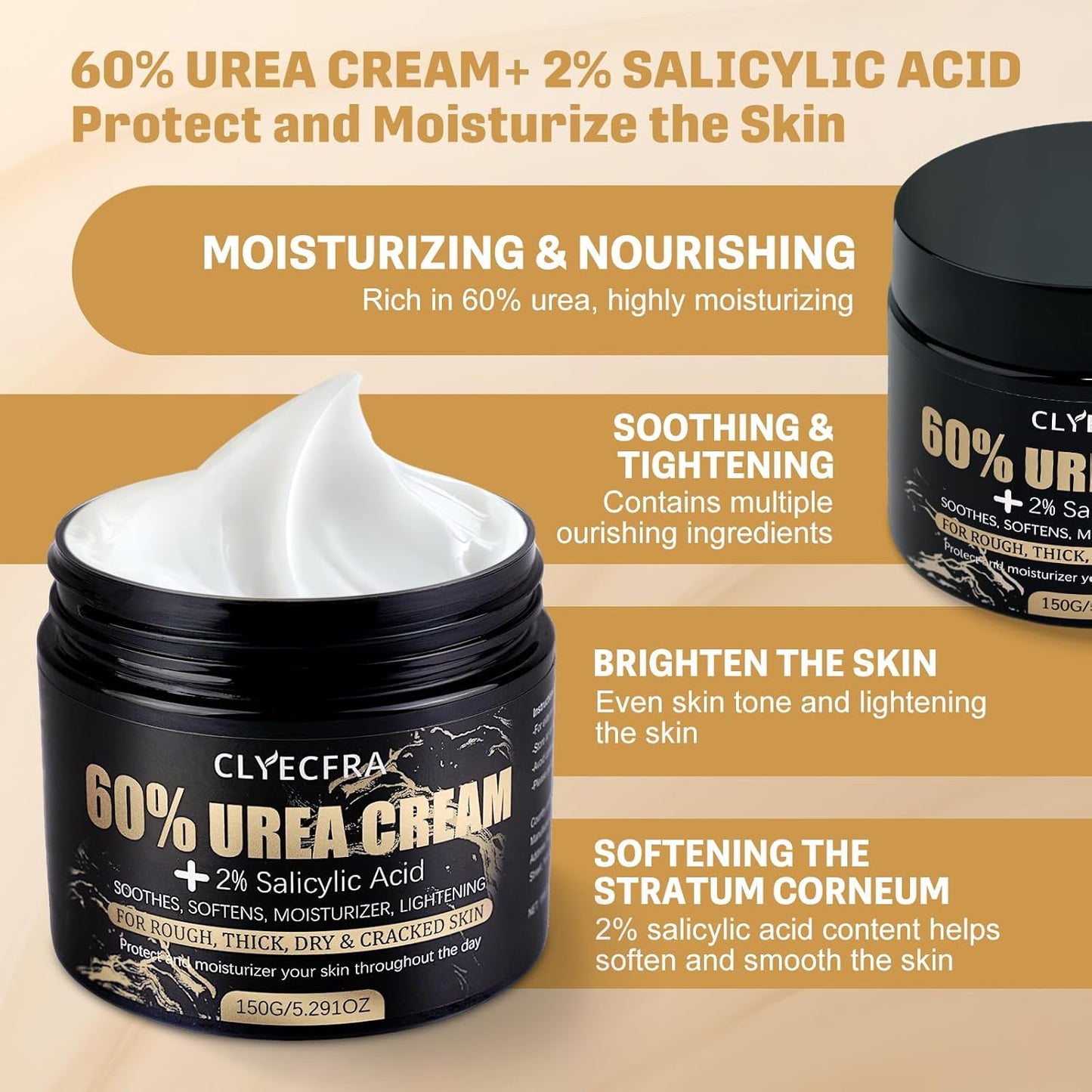 60% Urea Cream with 2% Salicylic Acid, Urea Cream 60 Percent for Feet & Hands- Maximum Strength Moisturizer for Rough, Dry, Thick & Cracked Skin, Callus Remover, Deep Hydration, 150g