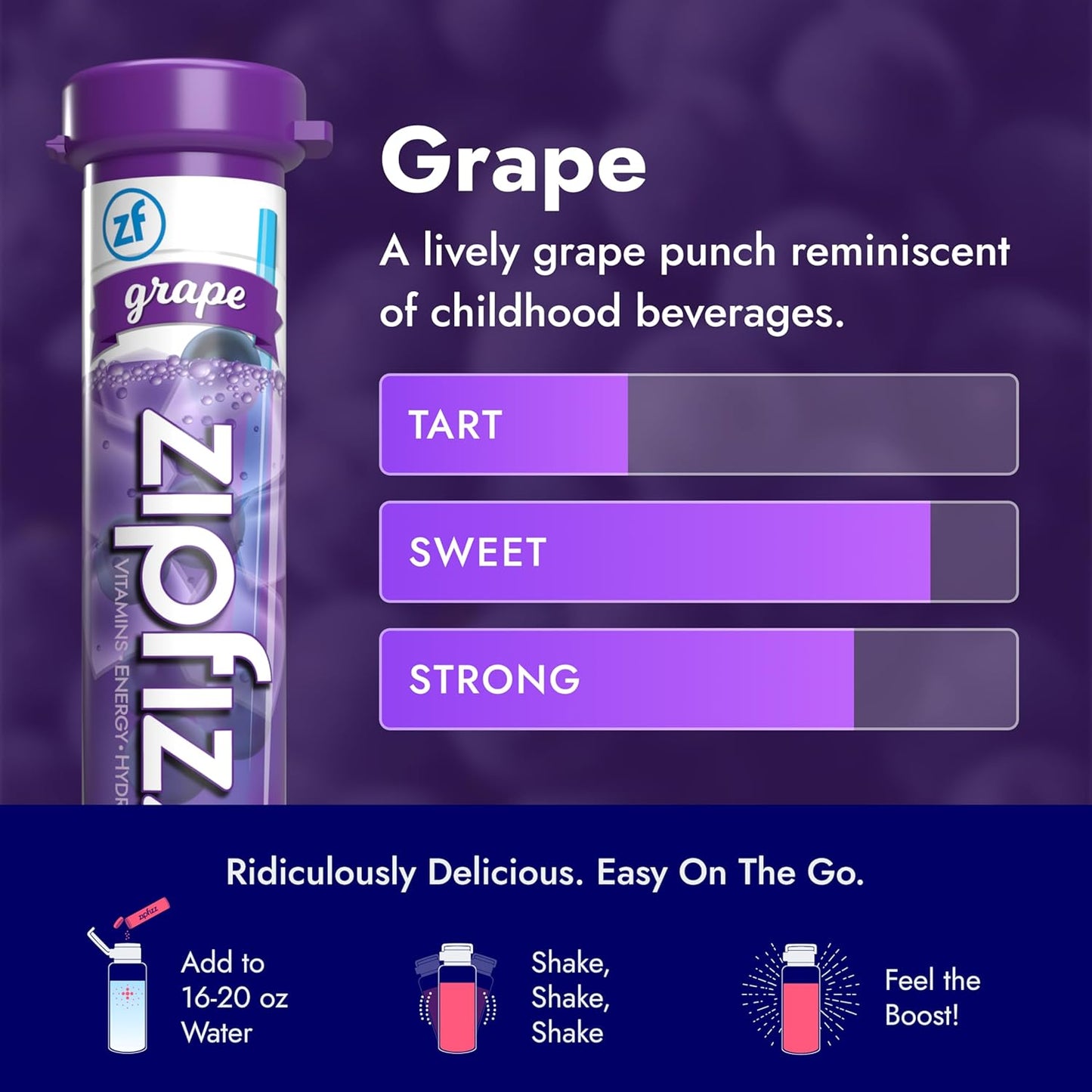 Zipfizz Daily Energy Drink Powder, Grape, 12 Pack | 3-in-1 Sustained Energy, Rapid Hydration, and Essential Vitamins | Sugar-Free | Electrolyte Powder | Contains Vitamin B-12 & Antioxidants