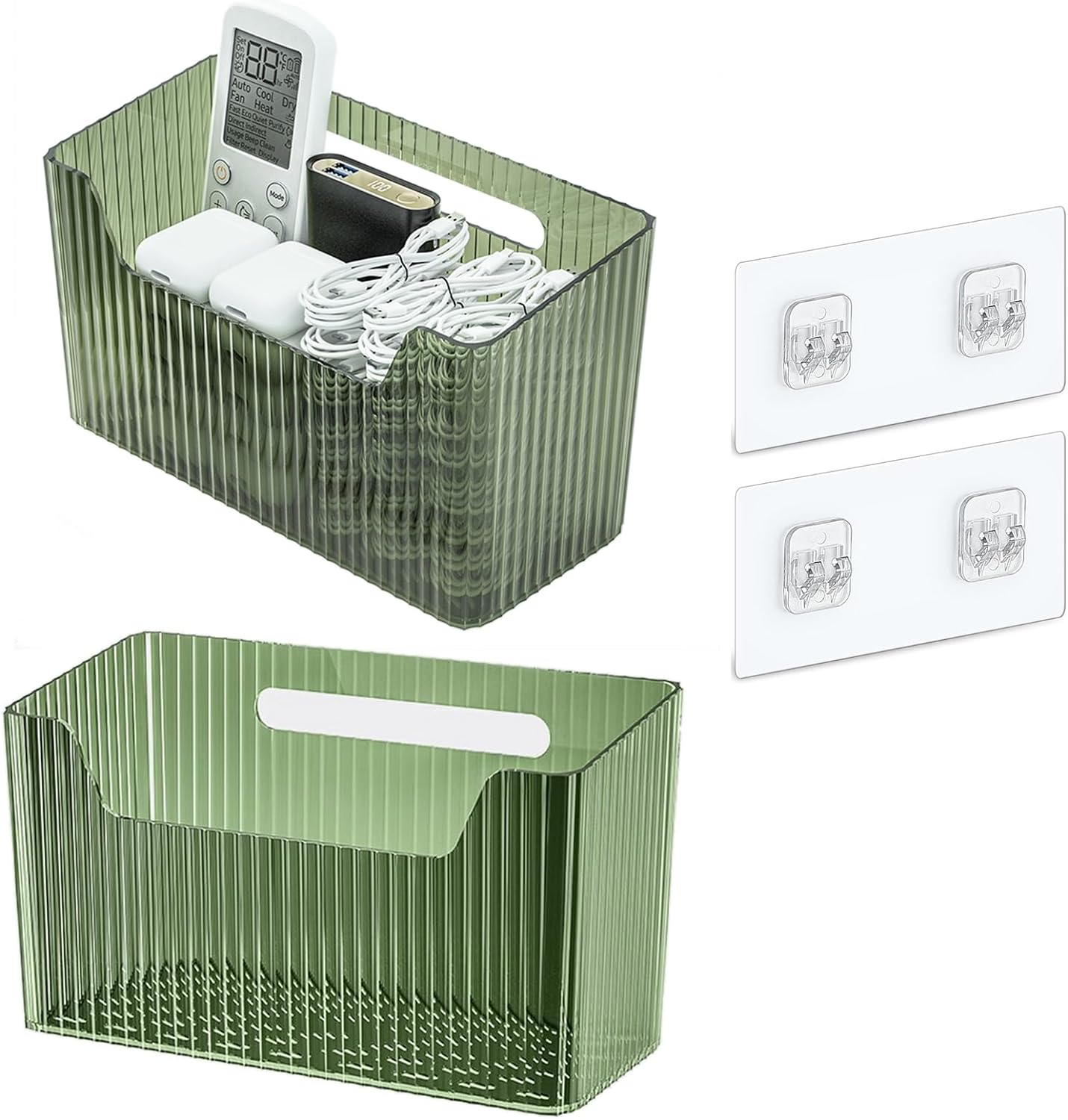 Set Of 2 Storage Organizer Bins Wall Mounted Shower Basket, Shower Caddy Stackable Clear Plastic Makeup Organizer Adhesive Hanging Bin for Bathroom, Kitchen, Cabinet, Pantry, BPA Free, Green