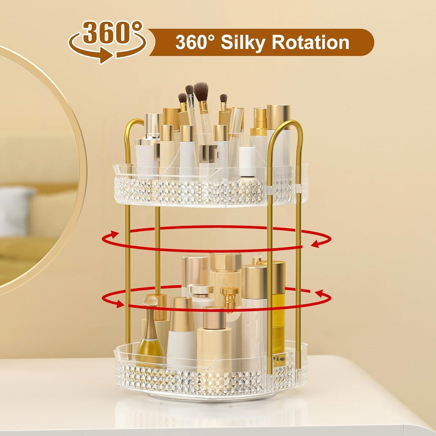 360 Rotating Makeup Organizer 2 Tier, Large Skincare Clear Make Up Storage Spinning Perfume Organizers for Bathroom Counter Dresser, White
