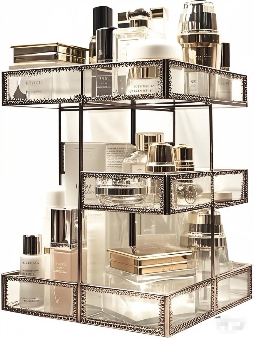 Vintage Glow Antique 360 Degree Rotating Makeup Organizer,4-Tier Spinning Perfume Tray,Countertop Cosmetic Storage,Glass Beauty Display,Retro Large Capacity Vanity Organizer for Brushes Skincare