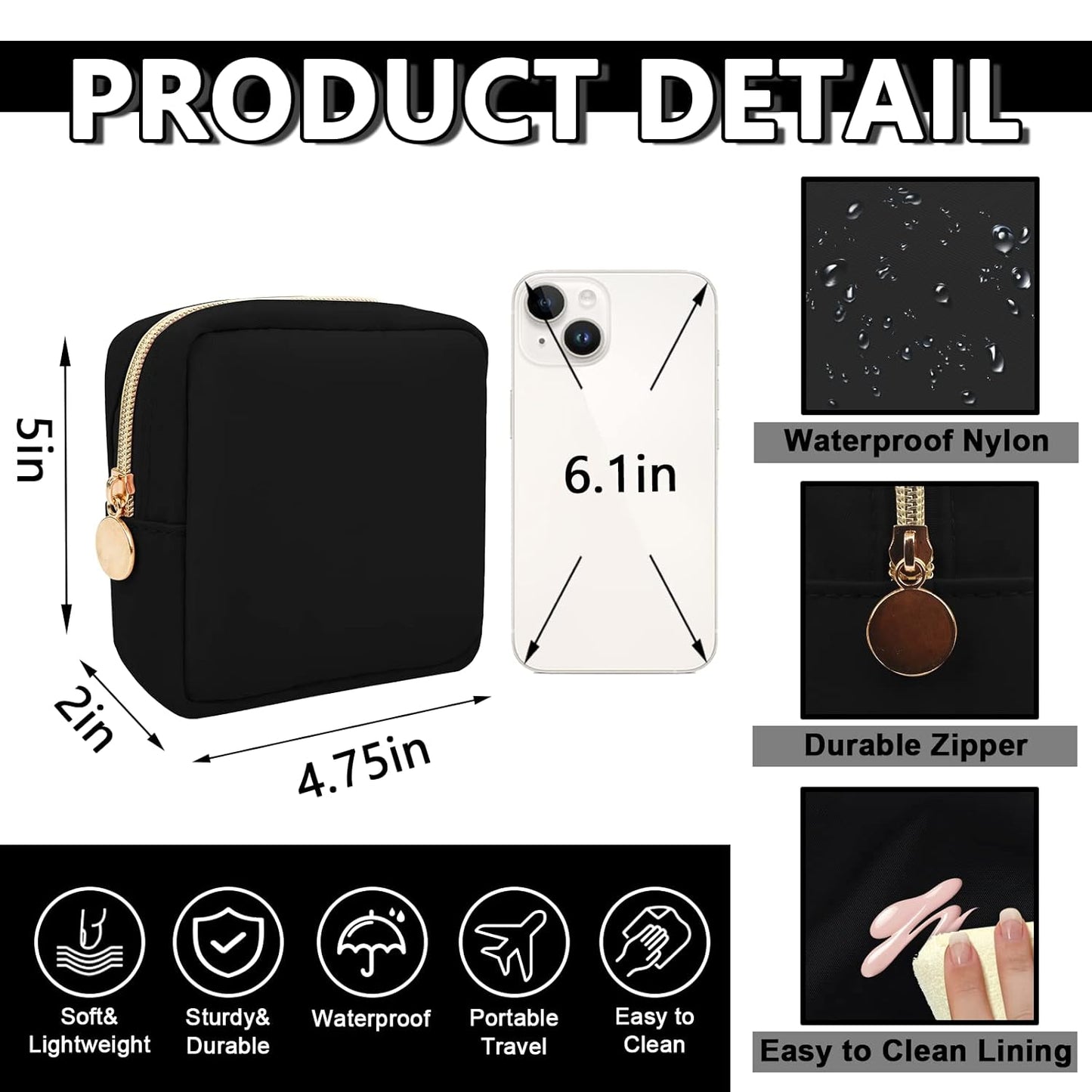 Waterproof Mini Makeup Bag for Purse,Small Cosmetic Pouch Nylon Travel Toiletry Organizers Bag for Women Girls,Cute Zipper Preppy Coin Purse for Work(Mini-Black)