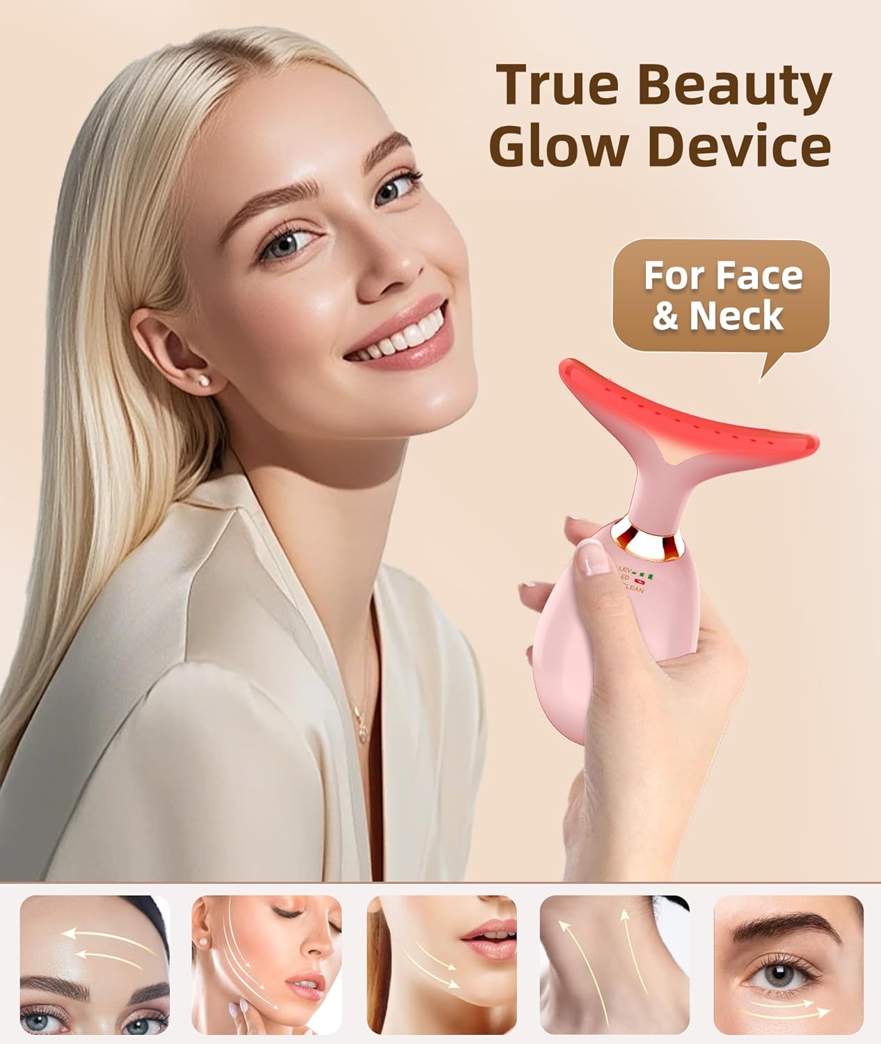 7 Color Face and Neck Massager Light Therapy, Red Light Based Facial Massager for Skin Care, Firming, Smoothing (Rose Golden)