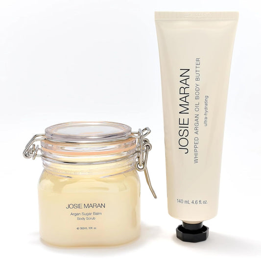 Josie Maran Bod Squad Body Care Set - Includes Argan Sugar Scrub & Body Butter - Nourishes Skin with Gentle Exfoliation and Intense Hydration - Unscented (2 Count)