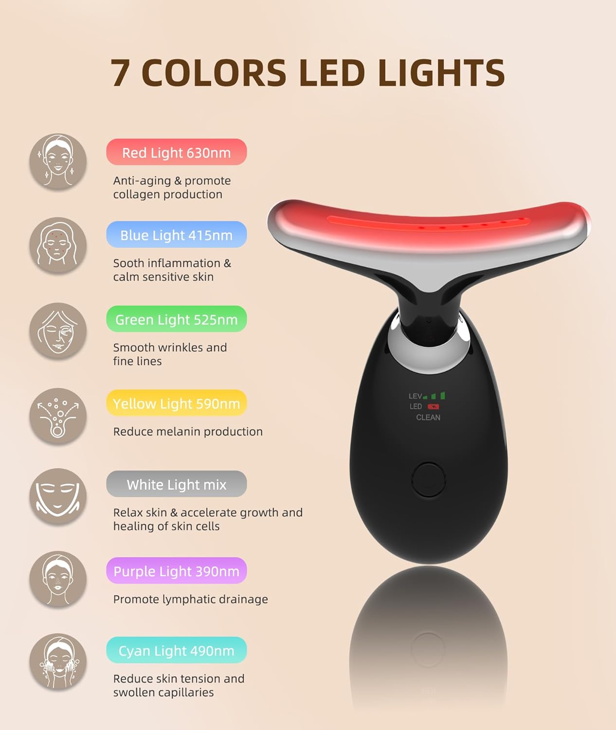 Red-Light-Therapy-for-Face and Neck, 7 Color Light Based Facial Massager, Portable Skin Care Tool (Black)