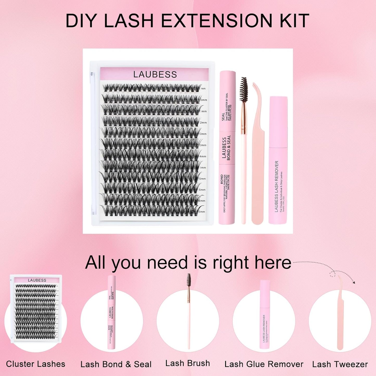 Lash Extension Kit LAUBESS Lash Clusters Kit Cluster Eyelash Extensions Kit Eyelash Clusters Lash Bond and Seal Waterproof Tweezers Brush Lash Glue Remover (Kit 40D-D-Mix9-16)
