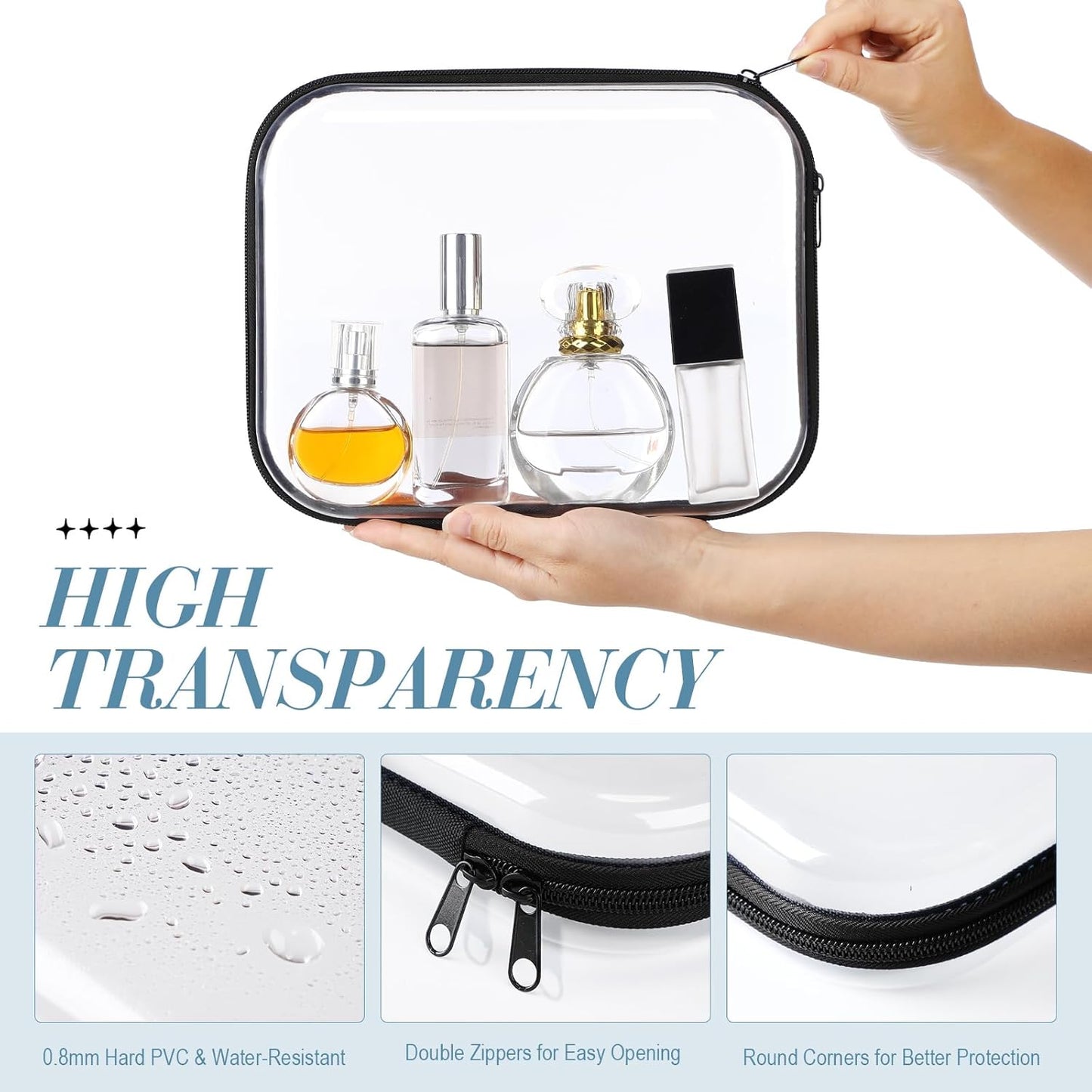 Hoolerry 3 Pcs Clear Hard Zipper Case Plastic Pouch Transparent Hard Case Clear Makeup Bag Portable Travel Organizer Bin for Cosmetics, Building Blocks, Puzzles(Black,M)