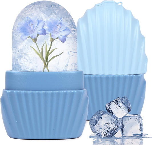 Ice Cube Roller for Face,Eyes and Neck,Reusable Silicone Ice Mold Mermaid Shell Shape for Shrink Pores Anti Wrinkle and Skin Beauty Care,Reduce Migraine Pain,Gua Sha Face Massage Tools (Blue)