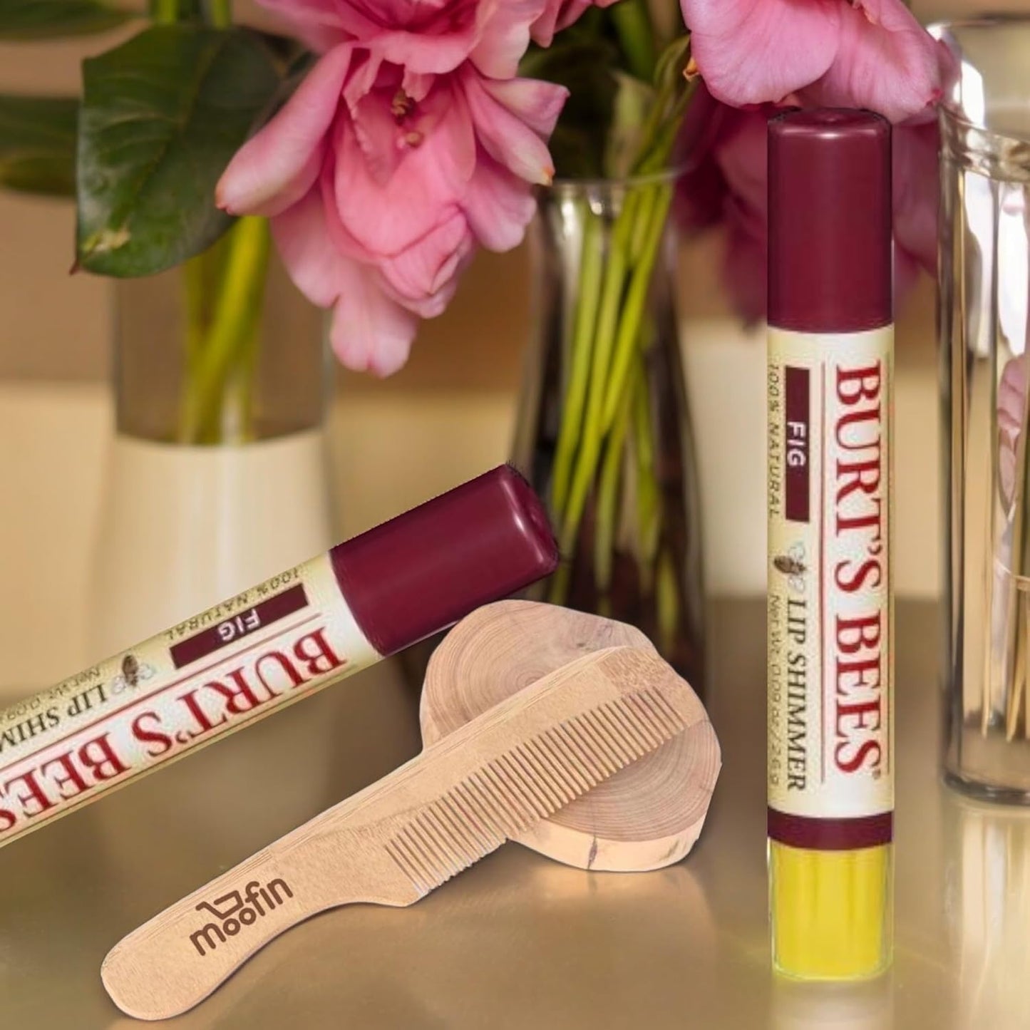 Burt's Bees Lip Shimmer Fig Shade,- Nourishing Natural Shimmer Lip With Moofin Wooden Comb, Make Up Lip Shimmer With Shea Butter Fruit Oils, Moisturizing Refreshing Pack Of 6