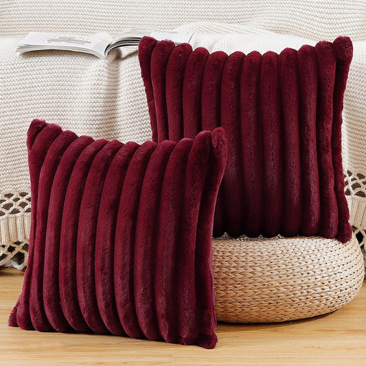 MADIZZ Set of 2 Faux Wool Plush Decorative Throw Pillow Covers 16x16 Inch Burgundy Fluffy Striped Soft Decorative Cushion Cover for Sofa Bedroom Pillow Shell