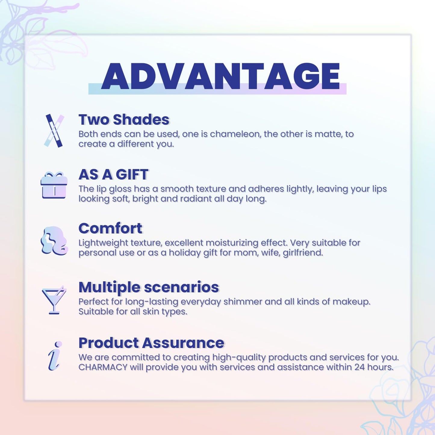 CHARMACY 2 In 1 Multichrome Moisturizing Lip Gloss, Double Head Liquid Lipstick, Mirror Waterproof Long Lasting No Fading Lip Balm, Hydrating Lip Plumper Waterlight Glossy Makeup #002