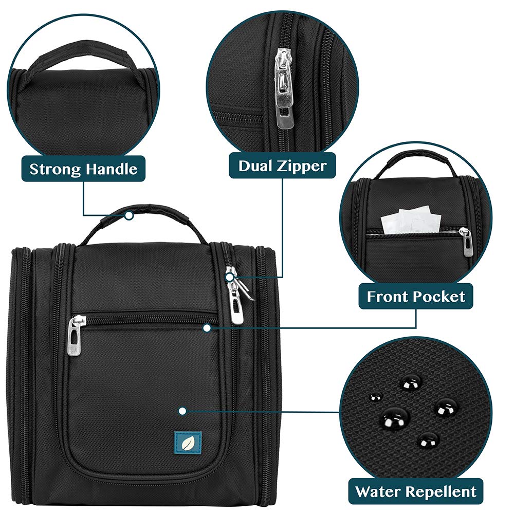 PAVILIA Toiletry Bag Travel Bag for Women Men, Hanging Cosmetic Organizer, Water Resistant Makeup Bag for Accessories Toiletries, Large Travel Essentials Kit (Black)