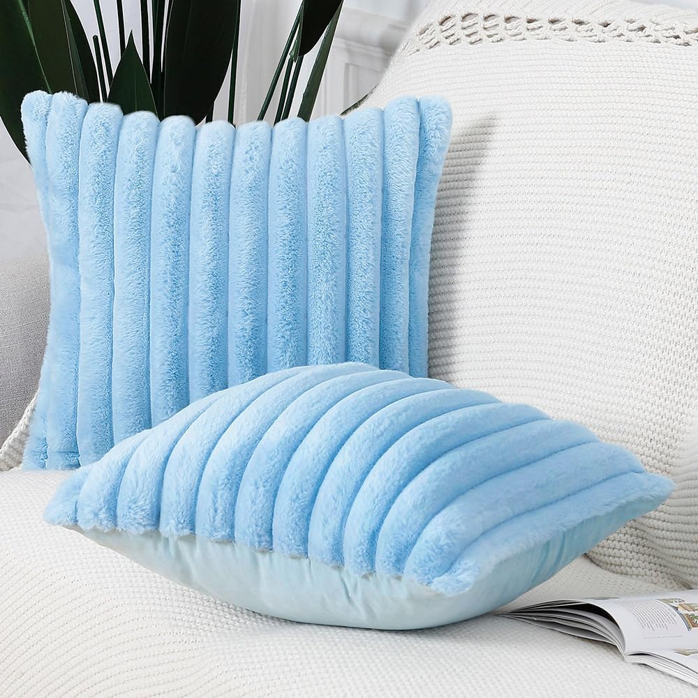 MADIZZ Set of 2 Faux Wool Plush Decorative Throw Pillow Covers 18x18 Inch Light Blue Fluffy Striped Soft Decorative Cushion Cover for Sofa Bedroom Pillow Shell