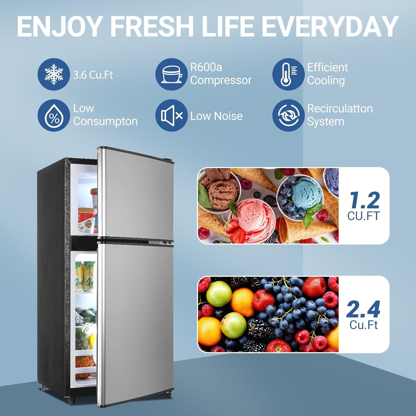 Mini Fridge with Freezer, 3.6 Cu. Ft. Adjustable Thermostat Compact Fridge with Freezer,Office Mini Refrigerator with Freezers, Small Size Dorm Fridges for Apartment,Dorm,Kitchen,Office,Silver
