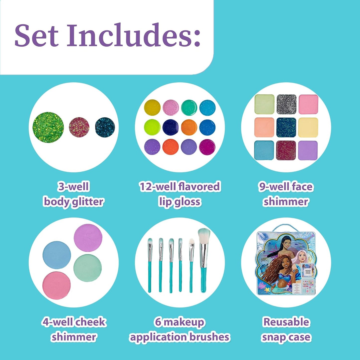 Disney’s The Little Mermaid Eye Lip and Face Beauty Soft Case Makeup Pallete for Girls Ages 3+ Perfect for Parties, Sleepovers & Makeovers