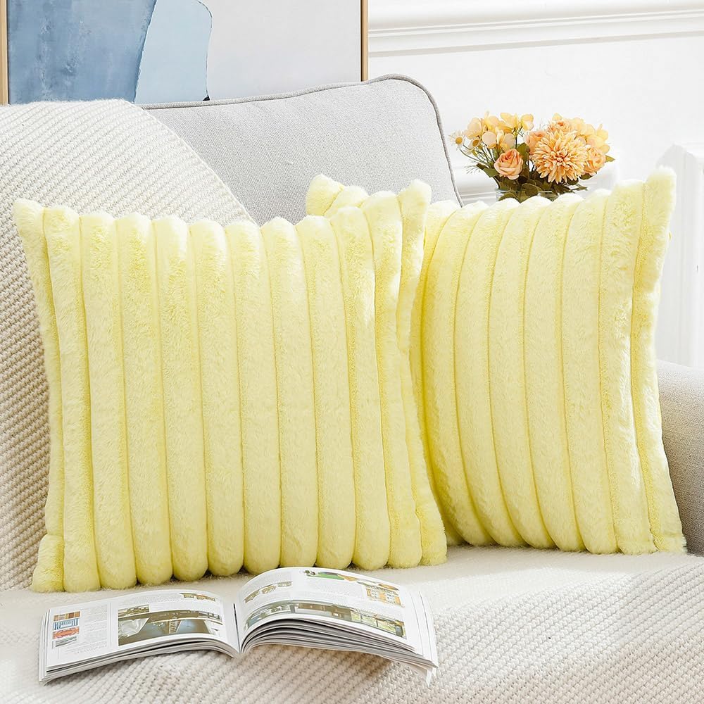 MADIZZ Set of 2 Faux Wool Plush Decorative Throw Pillow Covers 26x26 Inch Yellow Fluffy Striped Soft Decorative Cushion Cover for Sofa Bedroom Pillow Shell