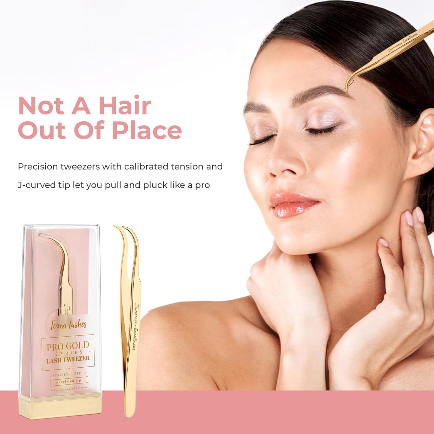 Hair Removal & Eyelash Tweezer - J-curved Tip for Precise Plucking - Applicator Tool for False Eyelash Clusters & Lash Extensions - 24K Gold Plating, Stainless Steel - Case Included