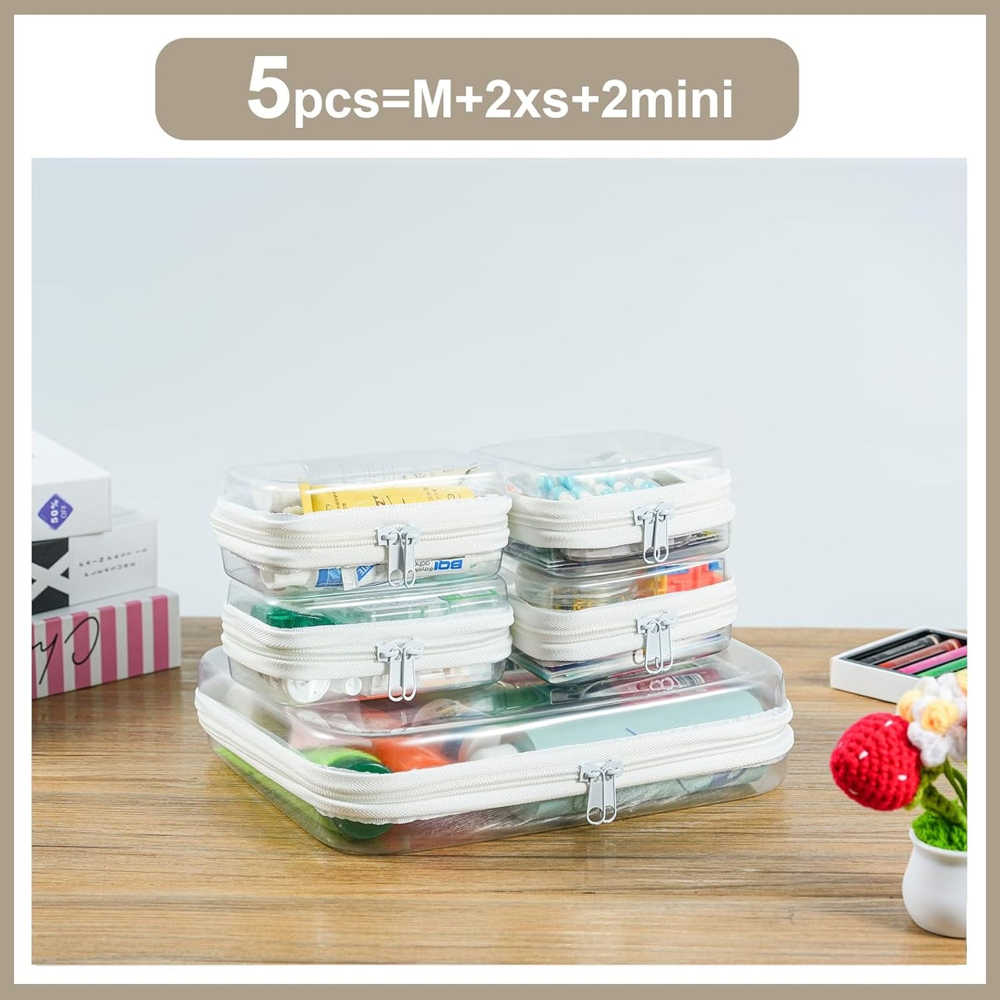 5 pcs Clear Zipper Pouches, Toiletry Bag for Travel, Stackable Waterproof Diaper Bag, Zipper Pouch, Travel Organizer, Clear Cosmetic Bag,Toy Storage Bins (M + 2Mini + 2XS)