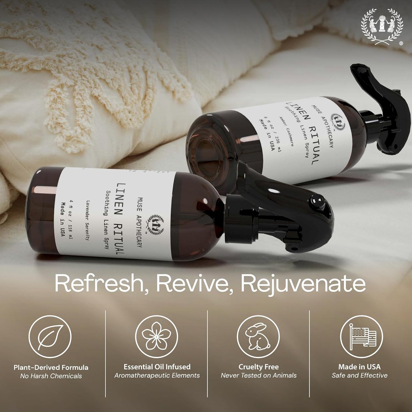 Muse Apothecary Linen Ritual - Aromatic, Soothing, and Relaxing Linen Mist, Laundry and Fabric Spray - Infused with Aromatherapy Essential Oils - 4 oz, Amber Cashmere, 2 Pack